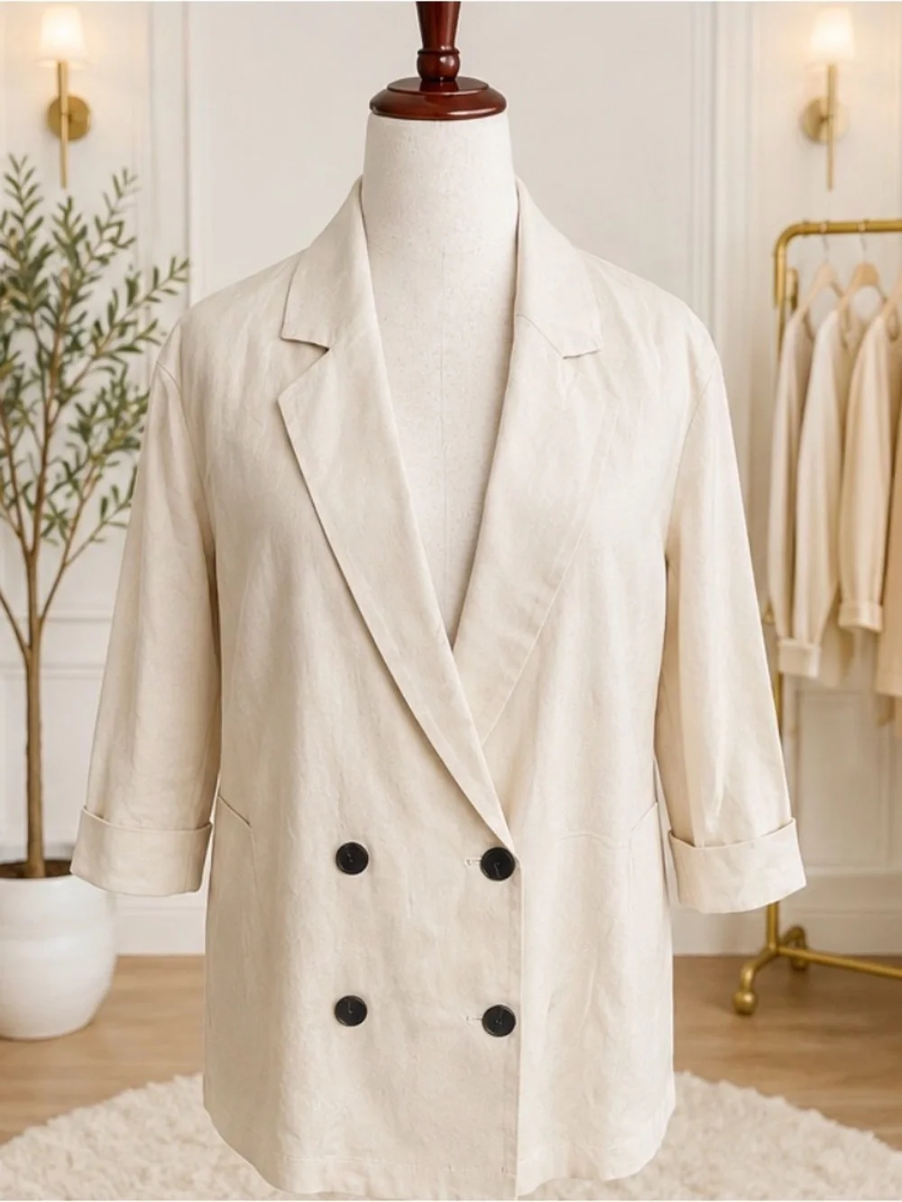 ZARA Medium Linen Blend Double-Breasted 3/4 Sleeve Blazer Light Beige